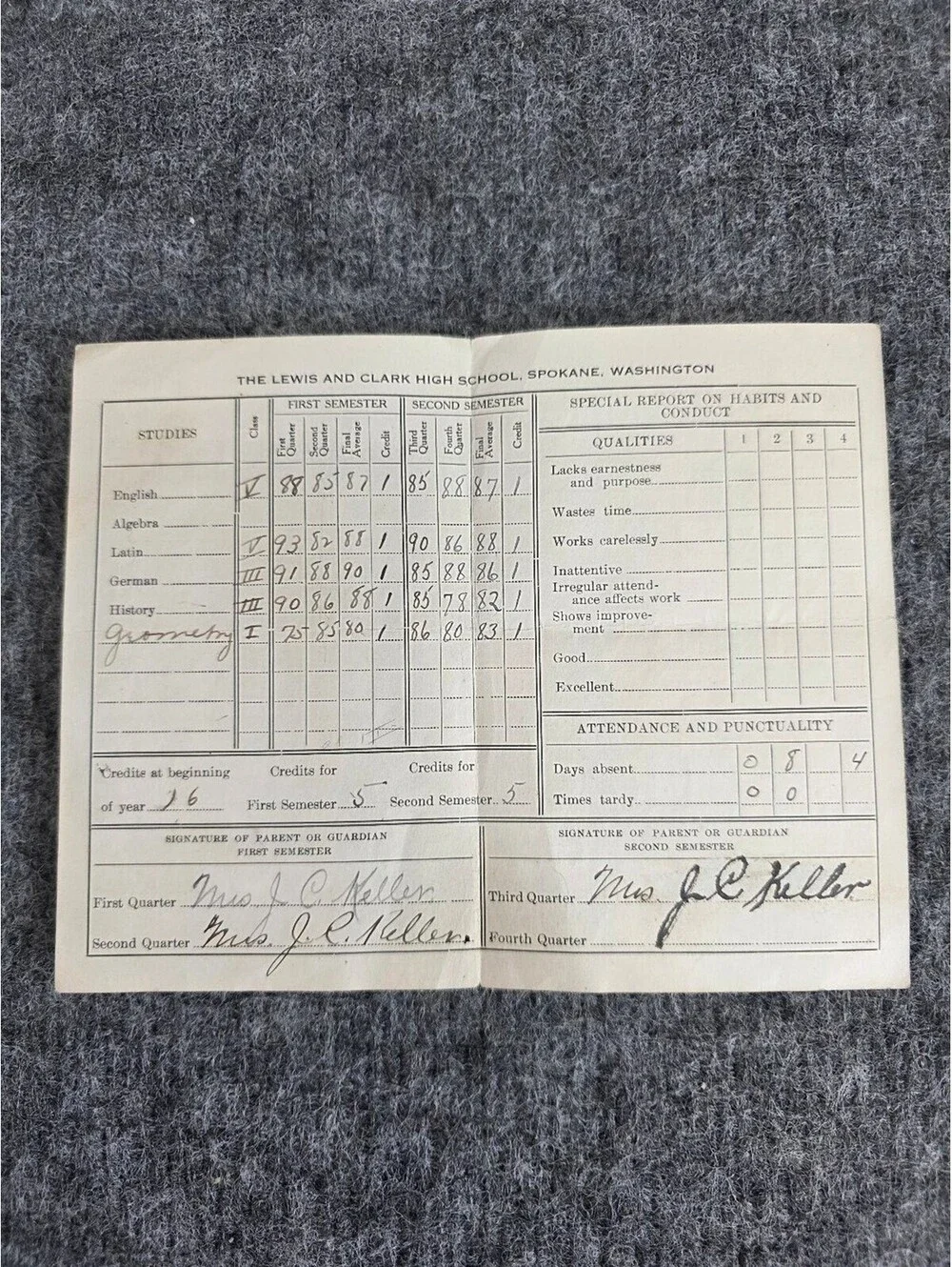 1917 Lewis and Clark High School Spokane WA Student Report Card
